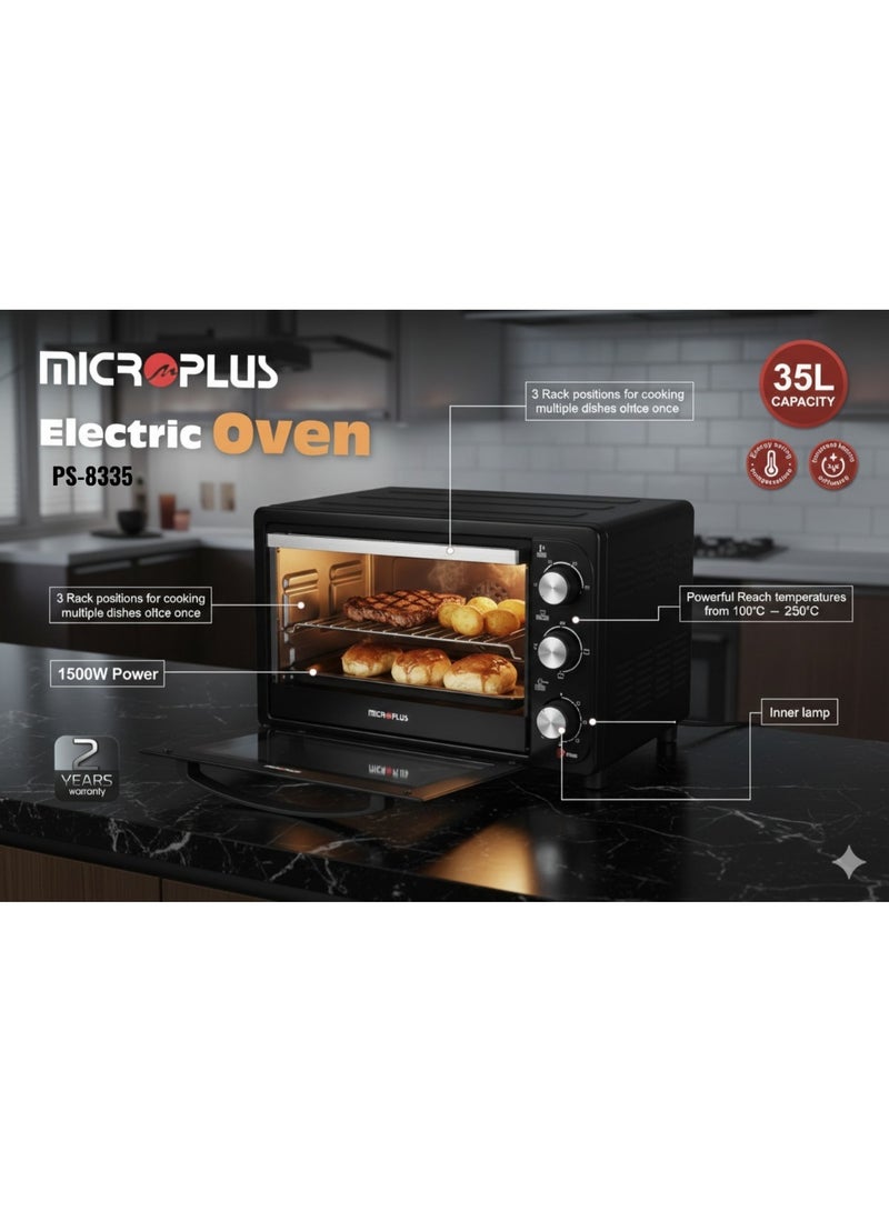 مايكروبلس فرن كهربائي 35 لتر | 1500 واط | وظيفة الشواء الروتيسري | درجة حرارة قابلة للتعديل 100–250°م | 6 مستويات تسخين | مؤقت 60 دقيقة | عناصر تسخين من الستانلس ستيل PS-8335 - Image 2